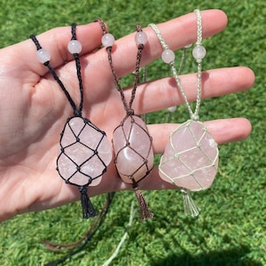 Handmade Beaded Rose Quartz Macrame Necklace, Rose Quartz Macrame Necklace, Rose Quartz Beaded Macrame Necklace, Crystal Macrame Necklace