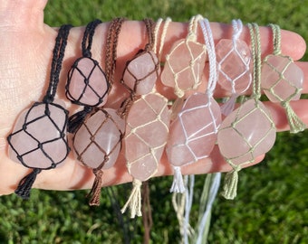 Handmade Rose Quartz Macrame Necklace, Adjustable Crystal Pendant
