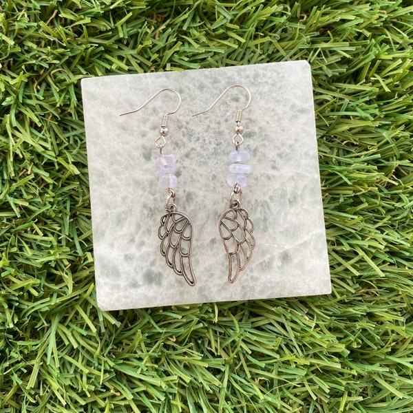 Handmade Blue Lace Agate Angel Wing Charm Earrings, Blue Lace Agate Earrings, Angel Wing Crystal Earrings, Blue Lace agate Charm Earrings