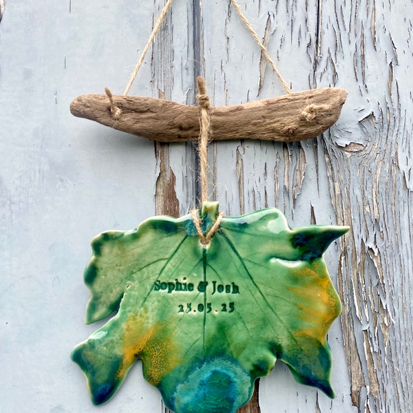 Hand sculpted personalised sycamore ceramic leaf Wedding Favour / Dinner Place Setting