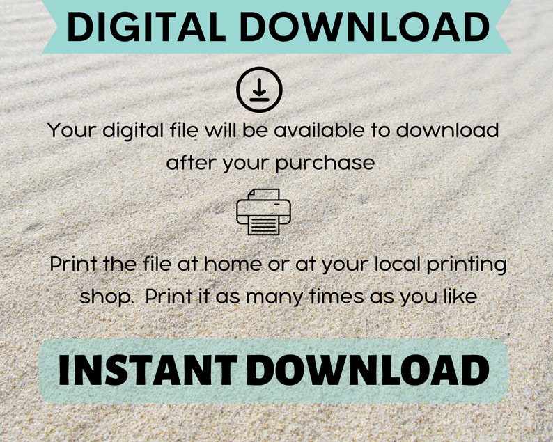 Puede incluir: Un gr&aacute;fico de descarga digital con un fondo de playa. El texto dice "DESCARGA DIGITAL" e "INSTANT DOWNLOAD". Se incluye un icono de descarga y un icono de impresora.