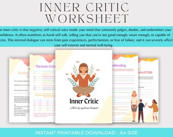Inner Critic Workbook, Self Esteem Therapy Worksheets, Therapy Tools, Self-Compassion Worksheets, CBT Journal, Emotional Wellness