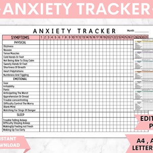 Symptom Tracker, Anxiety Journal, Anxiety Log, Anxiety Worksheet, Anxiety Tracker, Anxiety Worksheets, Anti Anxiety Journal, 8 Colors