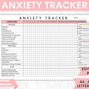 Symptom Tracker, Anxiety Journal, Anxiety Log, Anxiety Worksheet, Anxiety Tracker, Anxiety Worksheets, Anti Anxiety Journal, 8 Colors