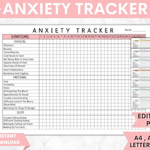 Symptom Tracker, Anxiety Journal, Anxiety Log, Anxiety Worksheet, Anxiety Tracker, Anxiety Worksheets, Anti Anxiety Journal, 8 Colors