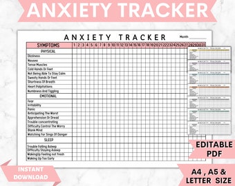 Symptom Tracker, Anxiety Journal, Anxiety Log, Anxiety Worksheet, Anxiety Tracker, Anxiety Worksheets, Anti Anxiety Journal, 8 Colors