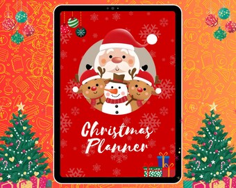 Puede incluir: Un planificador de Navidad digital que se muestra en una tableta. El fondo rojo presenta a Papá Noel, renos y un muñeco de nieve. Las palabras "Christmas Planner" están escritas en blanco. La imagen está decorada con copos de nieve y árboles de Navidad.
