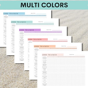 Puede incluir: Seis rastreadores de TDAH imprimibles en diferentes colores, incluyendo rosa, morado, naranja y azul. Cada rastreador tiene una secci&oacute;n para "Mes" y una cuadr&iacute;cula para rastrear los h&aacute;bitos diarios.