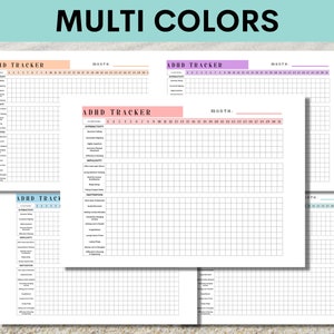 Puede incluir: Cuatro hojas de seguimiento del TDAH imprimibles en diferentes colores: rosa, morado, azul claro y melocot&oacute;n. Cada hoja tiene una columna para los s&iacute;ntomas, una columna para "Improductividad", una columna para "Dificultades" y una columna para "Distracciones". Cada hoja tiene una cuadr&iacute;cula de calendario con los n&uacute;meros del 1 al 31 para el seguimiento.