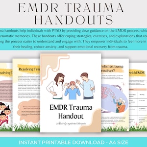 Może przedstawiać: Cztery drukowane materiały do terapii EMDR, z ilustracjami osób i tekstem o rozwiązywaniu traumy, o tym, kiedy trauma się rozwiązuje i o pracy z EMDR. Tytuł materiałów to "EMDR Trauma Handout".