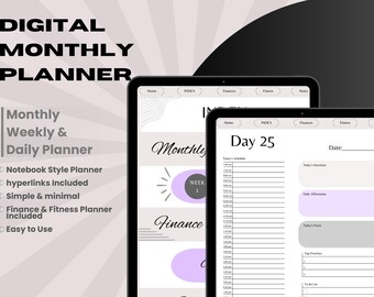 Ongedateerde maandelijkse digitale planner, minimalistische ongedateerde planner, iPad- en Android-planner, maandelijks dagboek, Goodnotes-dagboek, alles-in-één planner