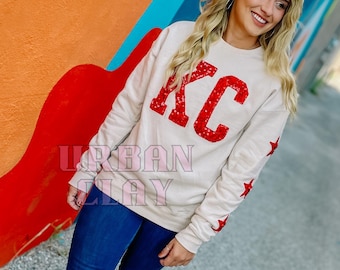 EMBROIDERED Tan KC Sequins Sweatshirt || KC Chiefs Sweatshirt ||  Kc Sweatshirt || Kansas City Sweatshirt
