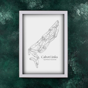 Cabot Links, Cap-Breton, Nouvelle-Écosse | Carte du terrain de golf dessinée à la main | Impression numérique personnalisée | Cadeau parfait pour les amateurs de golf