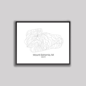 Arte do mapa da colina / trilha de esqui - Mount Bohemia, Michigan (impressão digital)