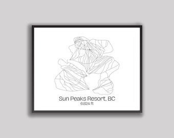 May include: A black and white line art illustration of the Sun Peaks Resort ski area in British Columbia, Canada. The text "Sun Peaks Resort, BC 6,824 ft" is below the illustration.