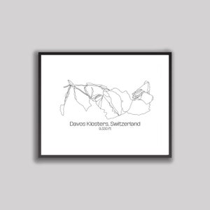Arte do mapa da colina / trilha de esqui - Davos Klosters Skigebiet, Suíça (impressão digital)
