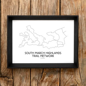 Arte del mapa de rutas de senderismo/bicicleta de montaña - South March Highlands Trail Network, Kanata/Ottawa Ontario (Impresión digital)