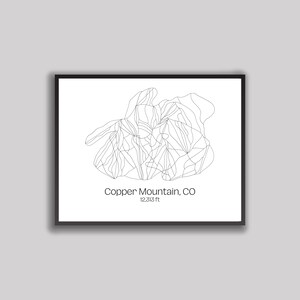 May include: Black framed print featuring a minimalist line drawing of Copper Mountain, CO ski resort. The artwork includes the resort's outline and ski runs, with the text "Copper Mountain, CO" and "12,313 ft" in a clean, modern font. The print is on a white background.