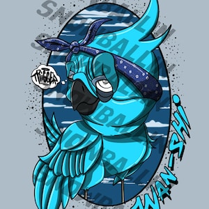 May include: A cartoon illustration of a blue parrot wearing a blue bandana and a white eye. The parrot has a black beak and is surrounded by the words "Snowball" and "Wan-Shi". A speech bubble says "Trigger".