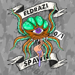 May include: Illustration of a creature with a large eye, green and brown tentacles, and a long tongue. The creature is set against a gray background with the words "ELDRAZI" and "SPAWN BALLIN" on banners.