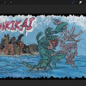 May include: An illustration depicting a battle between a giant crab-like monster and a robot in the sea. The word "SHARIKAI" is written in pink above the scene. Buildings are in the background.