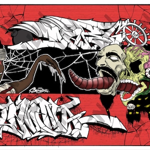 May include: A vibrant, graphic illustration with a red background and spiderweb design. The artwork features cartoonish figures, including a blindfolded person, a skull, and stylized text that reads "ZOMBIE". The style is reminiscent of graffiti art.