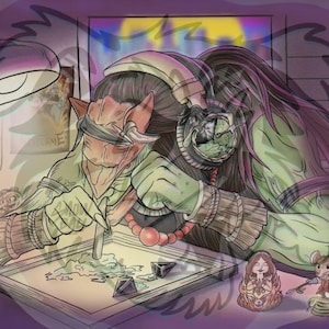 May include: An illustration of a fantasy creature working on a drawing. The creature is green and red, with long hair and horns. It is wearing a blindfold and headphones. The drawing table has dice and other items on it. The background is a purple hue.