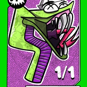 May include: A digital trading card featuring a stylised green snake with a purple segmented underbelly, sharp white fangs, and a pink tongue. The snake wears a white paper boat hat. The card includes a skull logo, the text 1/1, and GREEN SNAKE.