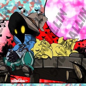 Może przedstawiać: Cyfrowa grafika przedstawiająca postać w czarnym kapeluszu i niebieskim stroju, z żółtymi oczami, odpoczywającą na moście z żółtym stworzeniem. Różowy księżyc z tekstem i kamuflażowe tło dopełniają scenę.