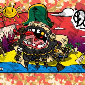 May include: Cartoon illustration of a pirate on a tropical island with a shipwreck and palm trees. The pirate has a green hat, black beard, and is yelling. A smiling sun and a name tag with graffiti are also present.