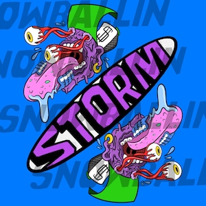 May include: A vibrant illustration on a blue background features two cartoonish, purple creatures with bulging eyes and long tongues. A skateboard with the word "STORM" in purple and white is in the center. The design has a bold, graphic style.