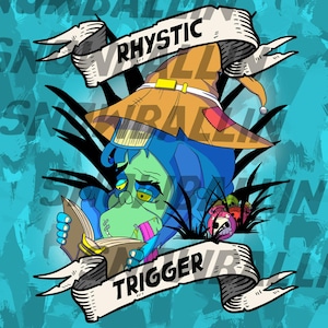May include: Illustration of a cartoon character with green skin, blue hair, and a brown hat, reading a book. The image includes banners with the words "Rhystic" and "Trigger" on a teal background with the word "Snowball" repeated.