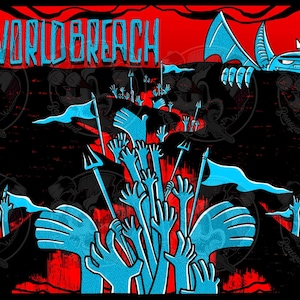 Puede incluir: Ilustración gráfica con el texto "UNDERWORLD BREACH" en azul. La imagen presenta manos azules que se extienden hacia arriba, banderas azules y una criatura azul con alas de murciélago. El fondo es negro y rojo.