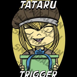 May include: Illustration of a smiling character wearing a brown hat, holding a green gift box with a blue ribbon. The text "TATARU" is above the character's head, and "TRIGGER" is below, all on a black background.