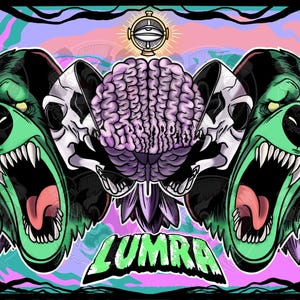 May include: A striking graphic illustration with two snarling green bears with exposed teeth, a human brain, and two skulls. The word "LUMRA" is displayed in green, set against a psychedelic background with a third eye symbol.