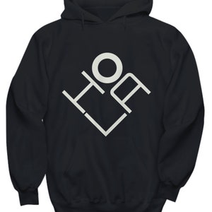 May include: Black hooded sweatshirt with a white graphic of a stylized geometric design that reads "HOA".