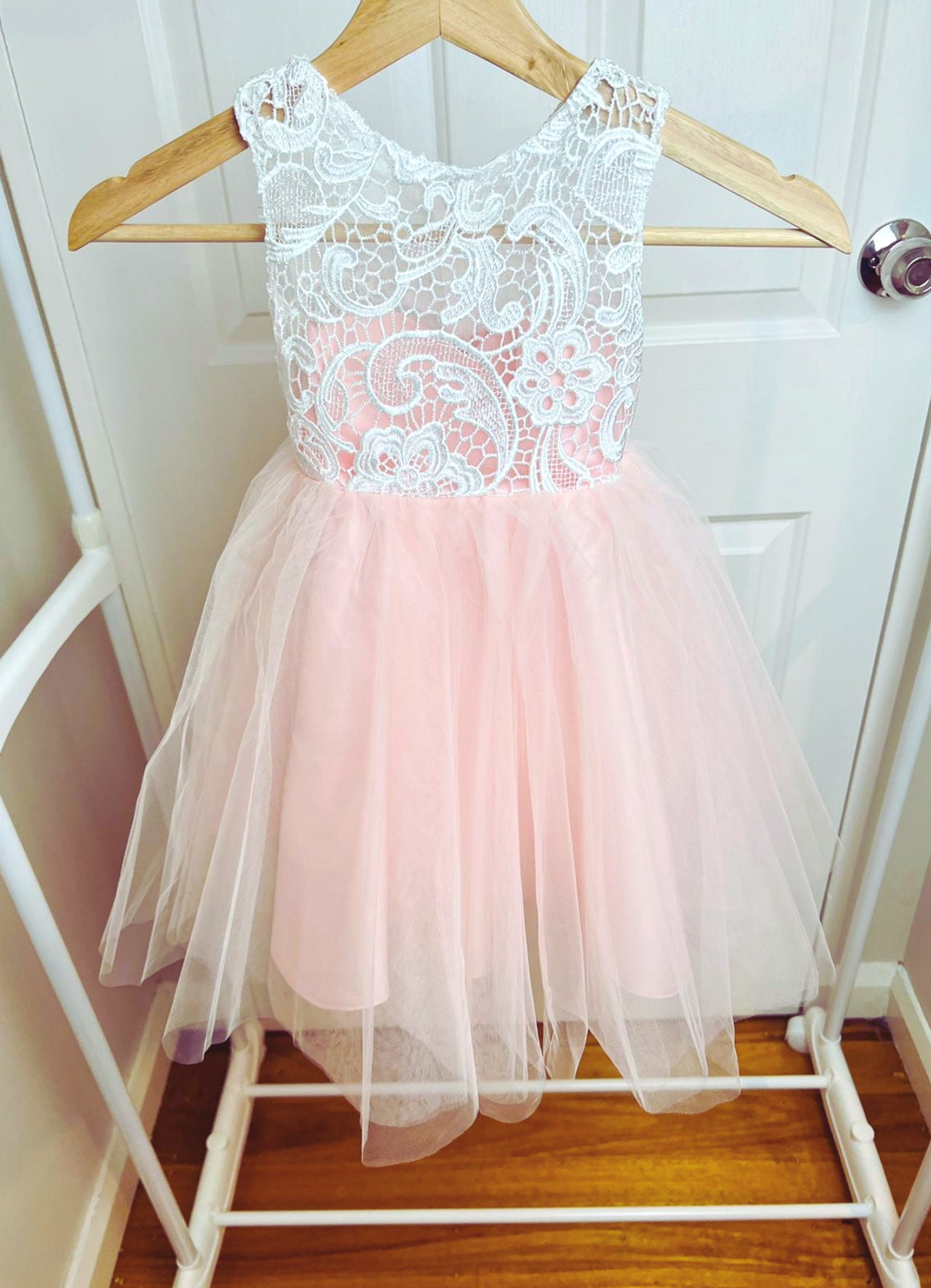 White Lace Pink Tulle Dress, Flower Girl Dress, Birthday Dress, Party Dress, Kids dress