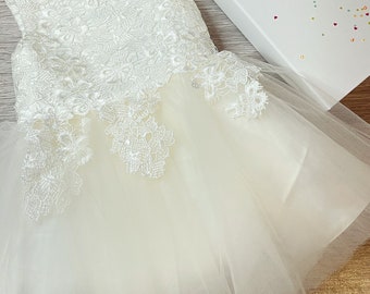 Flower Girl dress, White lace tulle dress, Wedding, Birthday dress, Kids dress