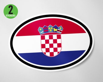 May include: Two oval stickers featuring the Croatian flag. The flag is red, white, and blue with a checkered shield and a crown in the center. The text "2 STICKERS" is printed on a green circle.