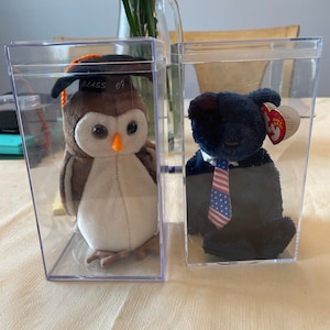 Puede incluir: Dos peluches Beanie Babies en vitrinas de plástico transparente. El peluche de la izquierda es un búho que lleva una gorra de graduación con el texto "Class of 01". El peluche de la derecha es un oso negro que lleva una corbata roja, blanca y azul.