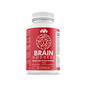 May include: A white bottle with a red label that says "Brain Goddess Brain and Focus Support" Dietary Supplement 60 Capsules. The label also has a stylized image of a woman's face and the letters "WW".