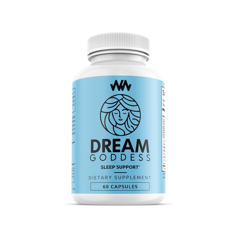May include: White bottle with a blue label that says "Dream Goddess Sleep Support" and "Dietary Supplement 60 Capsules". The label also features a stylized image of a woman's head with long hair.