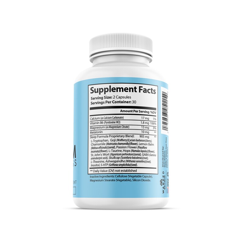 May include: A white bottle with a blue label that reads "Supplement Facts". The label lists the ingredients and amount per serving of the supplement, which includes calcium, vitamin B6, magnesium, melatonin, and a sleep formula proprietary blend.