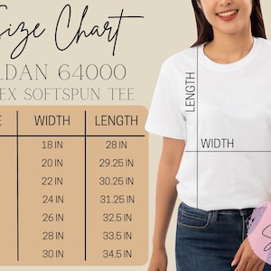 Gildan 64000, tabla de tallas G640, maqueta de camiseta, tabla de tallas de camiseta unisex Softstyle, impresión bajo demanda, tabla de tallas Gildan 64000, tabla de tallas 6400