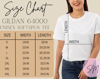 Gildan 64000, G640 Size Chart, T-shirt Mockup, Unisex Softstyle Tee
