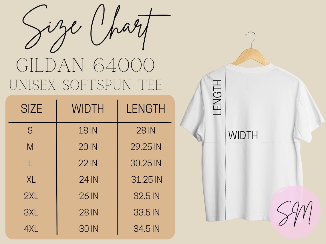 Gildan 64000, G640 Size Chart, T-shirt Mockup, Unisex Softstyle Tee ...