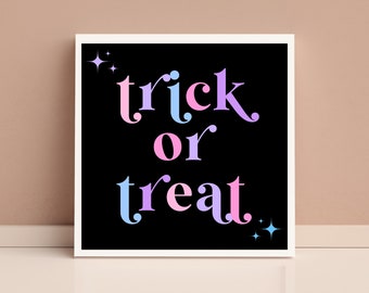 Trick or Treat Print - Black and White Backgrounds/ Boho Halloween Print/ Halloween Prints/ Kids Halloween Print/ Whimsical Halloween Print