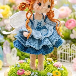 May include: A crocheted fairy doll with orange hair, pointed ears, and white wings, wearing a layered blue dress with a lace-up bodice. The doll is adorned with blue flower hair accessories and stands on a circular wooden base covered in green moss.