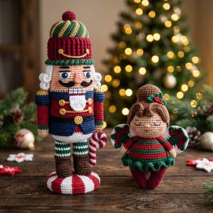 May include: A crochet nutcracker doll with a red, green, and blue uniform, a tall hat, and a candy cane, standing next to a smaller crochet fairy doll with brown hair, green and red striped clothing, and wings, both crafted in yarn.
