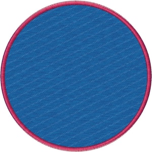 May include: A round blue patch with a red stitched border.